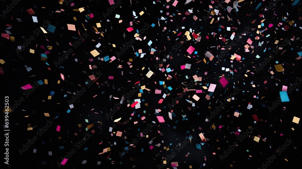 multi-coloured confetti flying from above black background