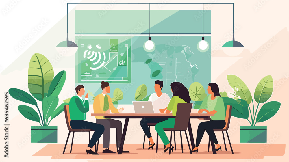 simple Vector Illustration art of Illustrate a vector artwork depicting a young male and female startup team collaborating on a sustainable project. Showcase eco-friendly elements in their workspace,