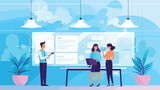 simple Vector Illustration art of Illustrate a dynamic scene of a young male and female business duo brainstorming innovative ideas on a futuristic digital whiteboard at their startup office. Emphasiz
