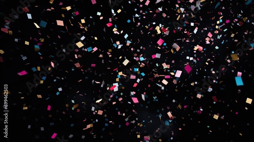 multi-coloured confetti flying from above black background