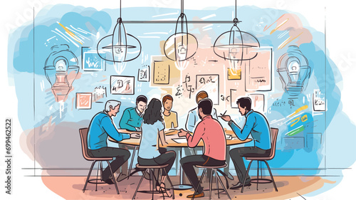 simple Vector Illustration art of Design a vector scene of a team huddled around a glass brainstorming board, using markers to sketch out strategies and plans during an animated business meeting.