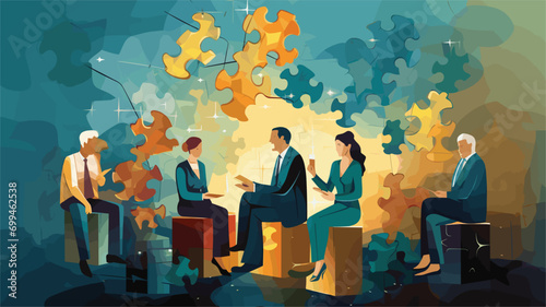 simple Vector Illustration art of Design a vector scene of men and women engaged in reflective thinking, surrounded by floating puzzle pieces that come together to form a cohesive picture, representin photo