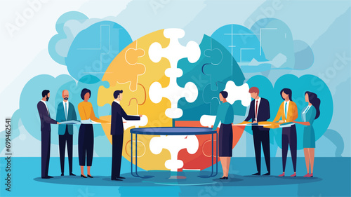 simple Vector Illustration art of Develop a vector artwork featuring a business team in a circular discussion, with each member holding a puzzle piece, symbolizing the collaborative effort to solve co