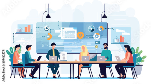 simple Vector Illustration art of Illustrate a dynamic vector scene of a virtual business meeting, with participants connecting from different locations through video conferencing, showcasing the mode
