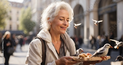 A white-haired woman joyfully feeding birds in a city square, a baguette tucked under her arm hyper-realistic, lifelike, ultra-detailed, wide-angle lens -Generative Ai