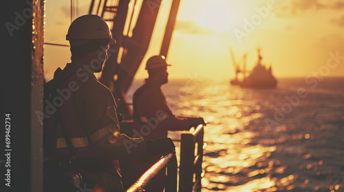 Caucasian industrial workers in the oil tube station at sea during sunset