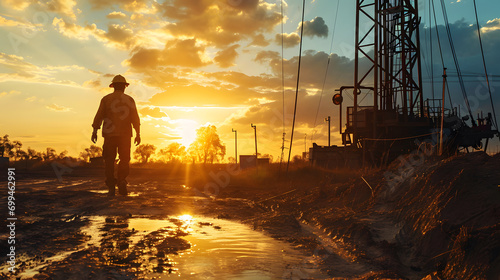 Oil worker at oil extraction, petroleum industry at sunset photo