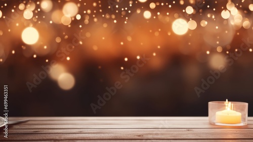 Minimal christmas mockup: empty modern table with festive lights and bokeh background for design and product display © Ashi