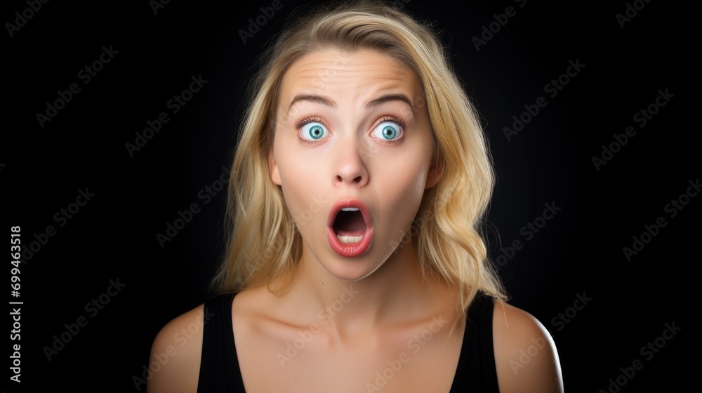 A beautiful blonde woman expressing surprise and shock emotion with her mouth open and big wide open eyes. isolated on white background