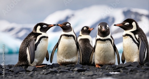 Penguins huddled in a protective formation against the biting Antarctic wind, their feathers ruffled by the icy breeze. hyper-realistic, lifelike, ultra-detailed, Wide-angle lens -Generative Ai