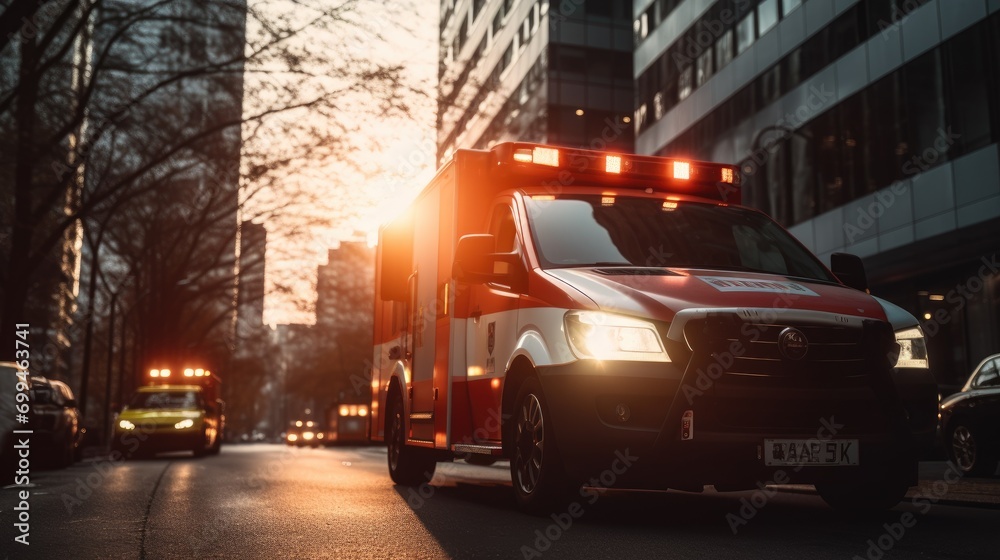 A medical emergency ambulance car driving with red lights on through the city on a road in the day time A medical emergency ambulance car driving with red lights on through the city on a road in the day time