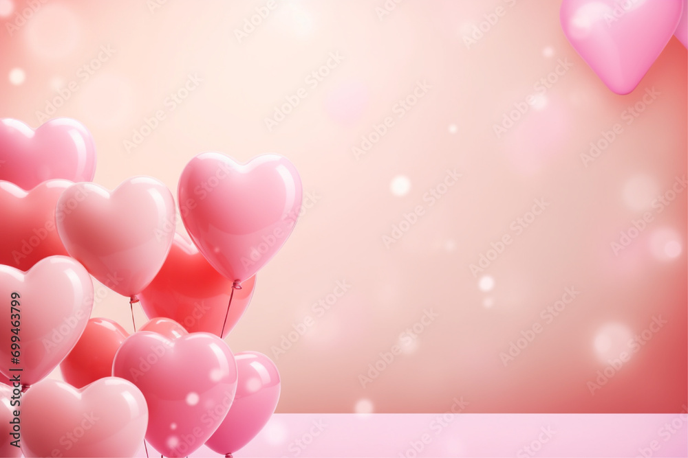 happy valentine's day background with pink helium balloons and hearts