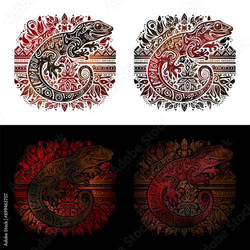 gecko or lizard - tribal decorative with ethnic design (red, brown)