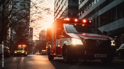 A medical emergency ambulance car driving with red lights on through the city on a road in the day time