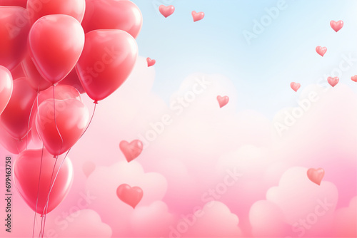 happy valentine s day background with pink helium balloons and hearts