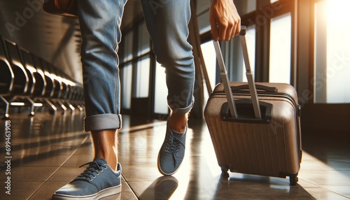 Close-up of a woman walking with her luggage in the airport