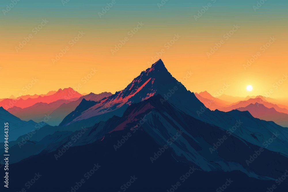 A picturesque mountain with a beautiful sunset in the background. Perfect for nature lovers and travel enthusiasts