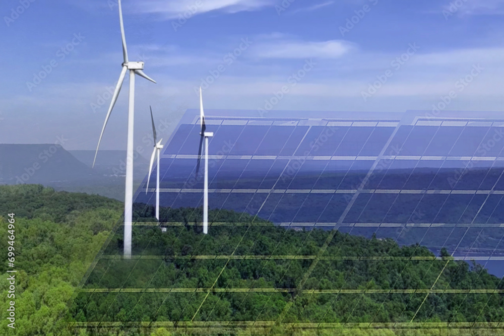 Eco-friendly, wind turbine , solar cell , Green forest and blue sky. And Natural Double Exposure. Environment Concept