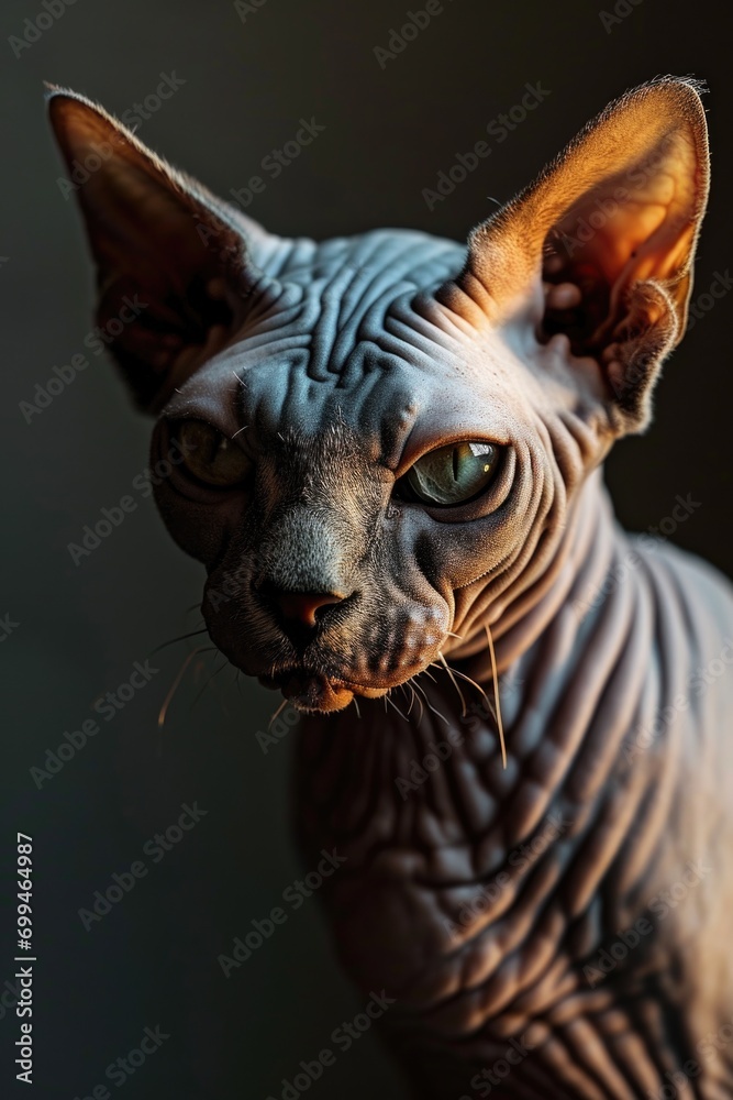 A close-up photograph of a hairless cat looking directly at the camera. This image can be used to depict the unique appearance and characteristics of hairless cats
