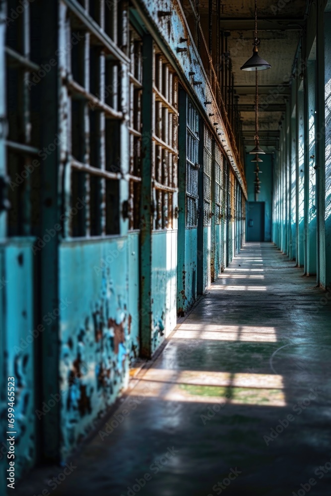 A long hallway in an old jail cell block. Can be used to depict the eerie atmosphere of a haunted prison or as a background for crime-related content