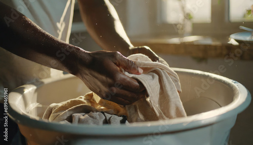 The process of hand washing clothes photo