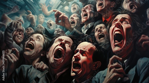 expressive group scream painting. intense emotion artwork perfect for themes of passion, anguish, and vocal expression for impactful editorial use