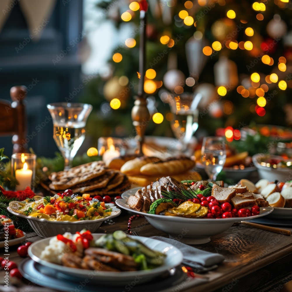 A table with plates of food on it, beautifully decorated for a festive occasion, with a Christmas tree in the background. Perfect for holiday celebrations and gatherings
