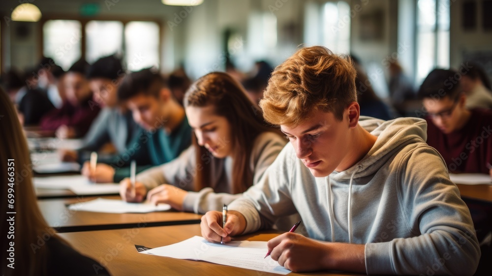 A university high school group of students studying in the classroom. writing and learning on the desk. having an exam test