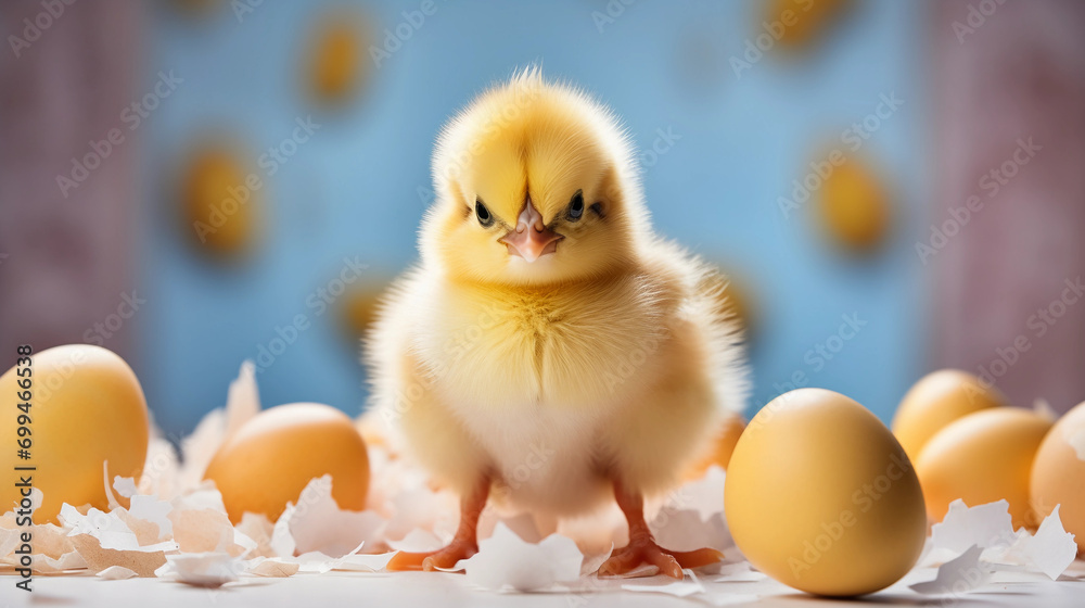 Funny easter concept holiday animal greeting card - Cute little easter chick baby in broken eggshell, easter eggs, isolated on bright table background 
