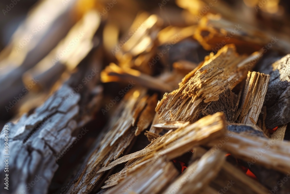 A detailed view of a pile of wood chips. Perfect for illustrating the process of wood processing or as a background texture for various design projects
