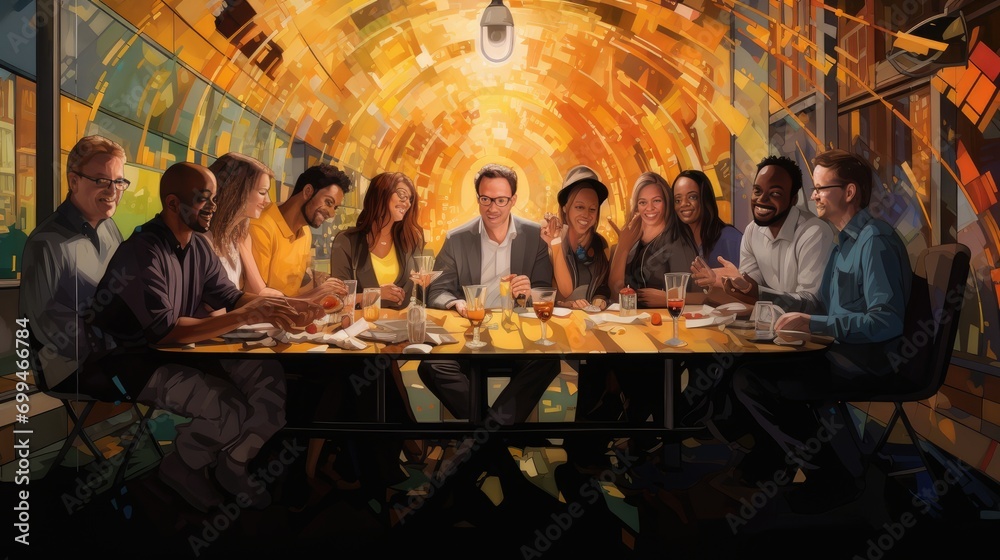 joyful diverse group toasting over a meal in a radiant restaurant. celebrating togetherness, friendship, and the pleasure of fine dining in a bright, artistic setting