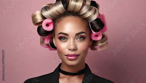 Elegant beauty: gorgeous young woman with curlers in her hair photo