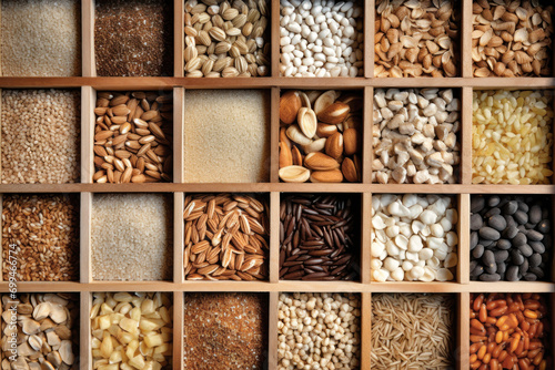 Different types of legumes and cereals, top view. Organic grains. Close-up. Natural products without GMOs. © Anoo