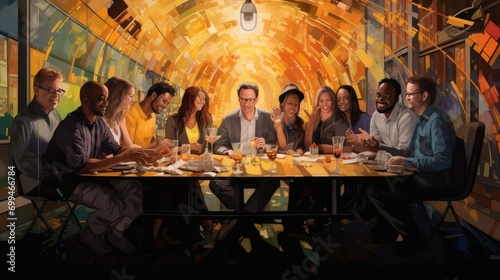 joyful diverse group toasting over a meal in a radiant restaurant. celebrating togetherness, friendship, and the pleasure of fine dining in a bright, artistic setting