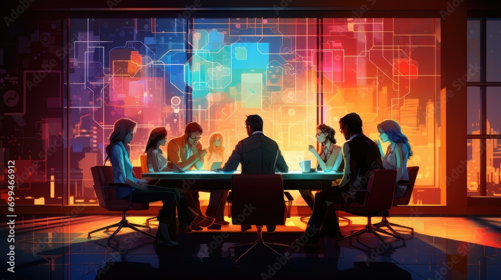 dynamic team collaboration in a futuristic office setting with holographic data visualization. ideal for presenting themes of innovation, strategy, and cutting-edge technology in business - obrazy, fototapety, plakaty 