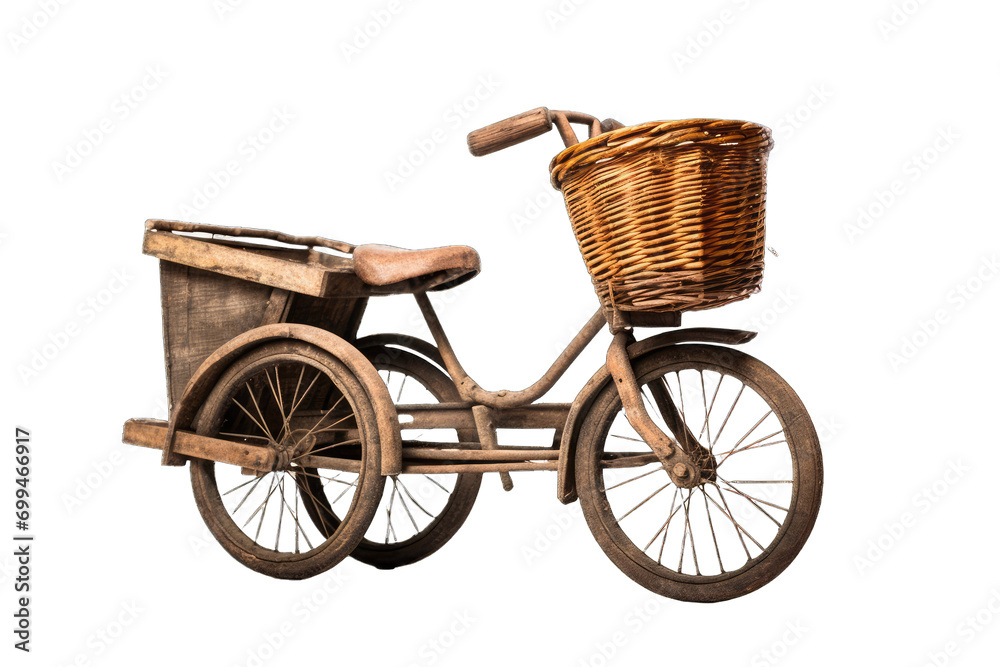 vintage red bicycle with two wicker baskets attached