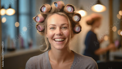 Portrait of an attractive young woman with curlers in her hair