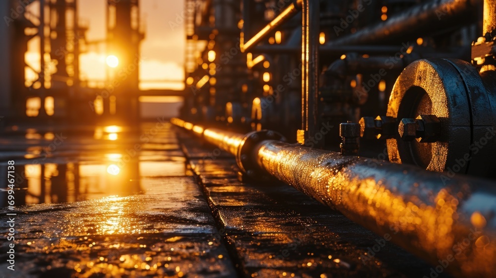 The sun is setting behind a large pipe. This image can be used to ...