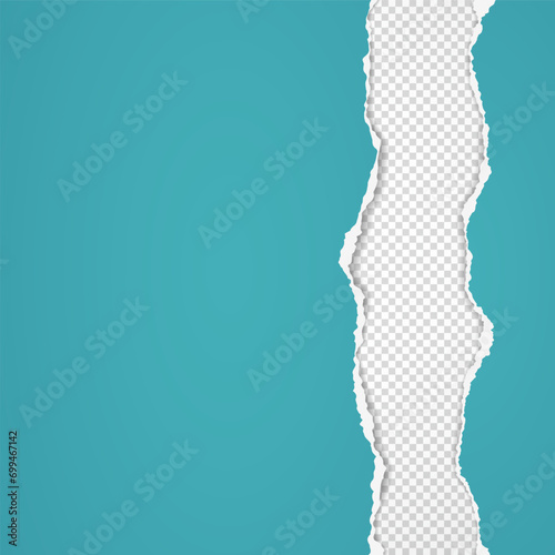 Torn, ripped turquoise and white paper strips with soft shadow are on squared background for text.