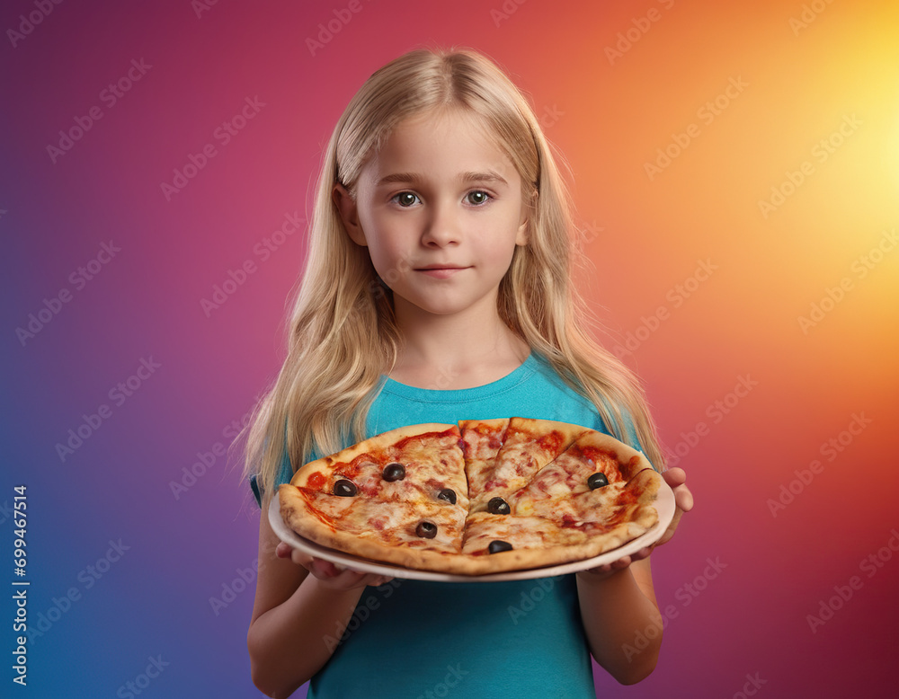 girl with pizza in his hands. fast food shops in the background girl with pizza in his hands. fast food shops in the background