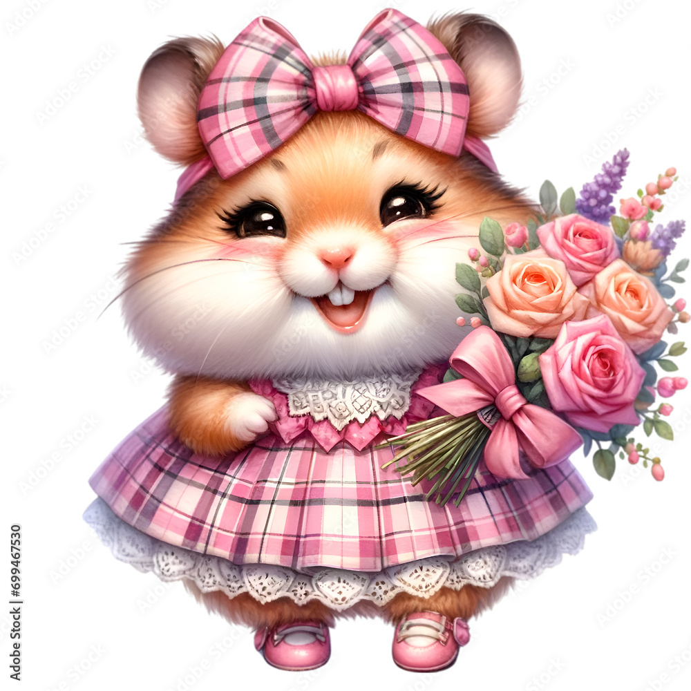 Watercolor illustration of a cute chubby hamster character in a cute pink plaid pattern dress, radiating happiness and cheerfulness.She holding a flower bouquet. 