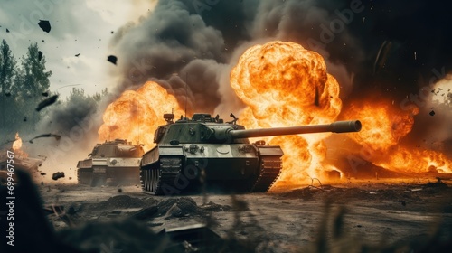 A armored tank shooting of a battle field in a war. bombs and explosions in the background. fire smoke and ash everywhere