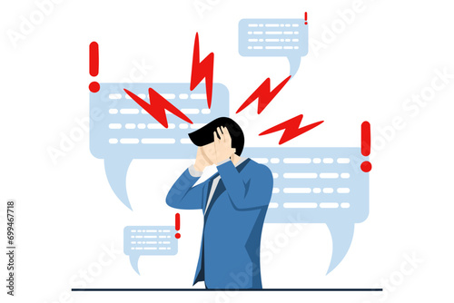 Panic concept, Businessman character covers ears with hands to stop noise with speech bubble. Fake news, boosting, advertising noise, disinformation. flat vector illustration on white background.