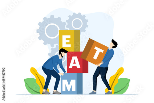Teamwork concept in business. a team of business people who collect a box that says team. Symbol of teamwork, cooperation, partnership, collaboration. Flat vector illustration on white background.