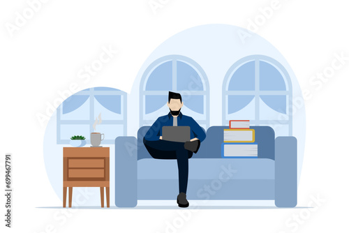Freelancer concept. Happy freelancer working with laptop at home, man sitting on sofa chair, using laptop, Vector illustration for freelancer, morning, planning, work from home routine.