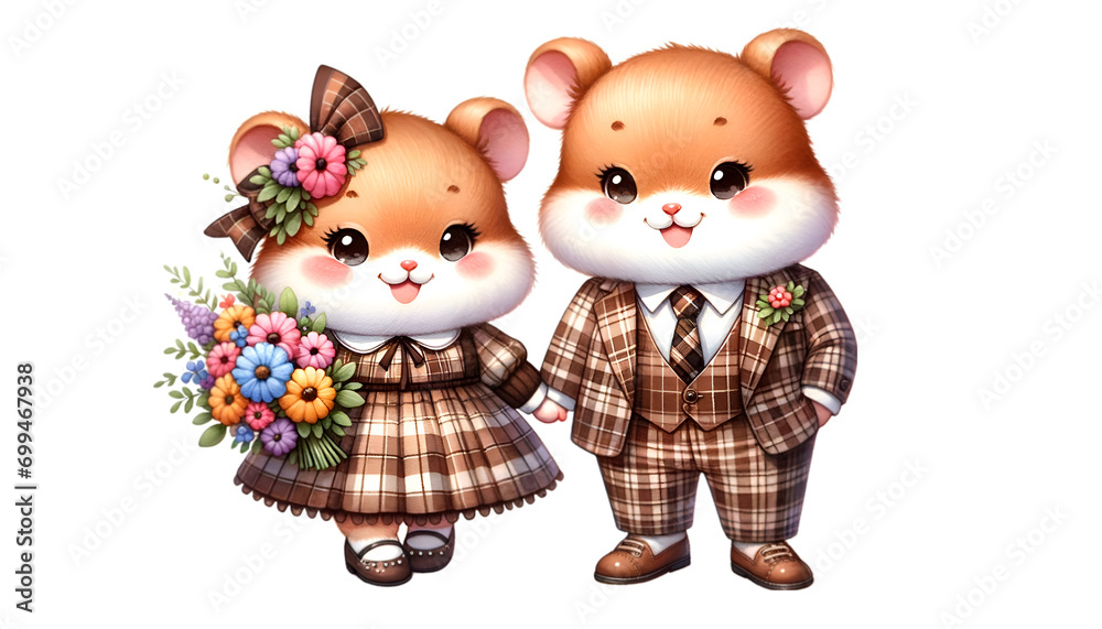 Naklejka premium Watercolor illustration of a cute chubby hamster couple character in cute brown plaid pattern outfits, celebrating Valentine's Day and radiating happiness and cheerfulness.