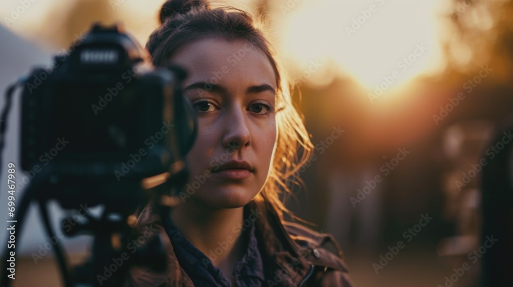 A woman is capturing a moment with her camera. This image can be used for various purposes