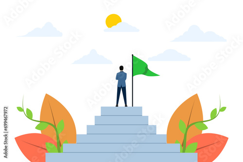 concept of reaching the pinnacle of career or success, an entrepreneur has reached the top of the ladder of success or goal. Businessman standing on stairs with flag. leaders achieve goals. vector.