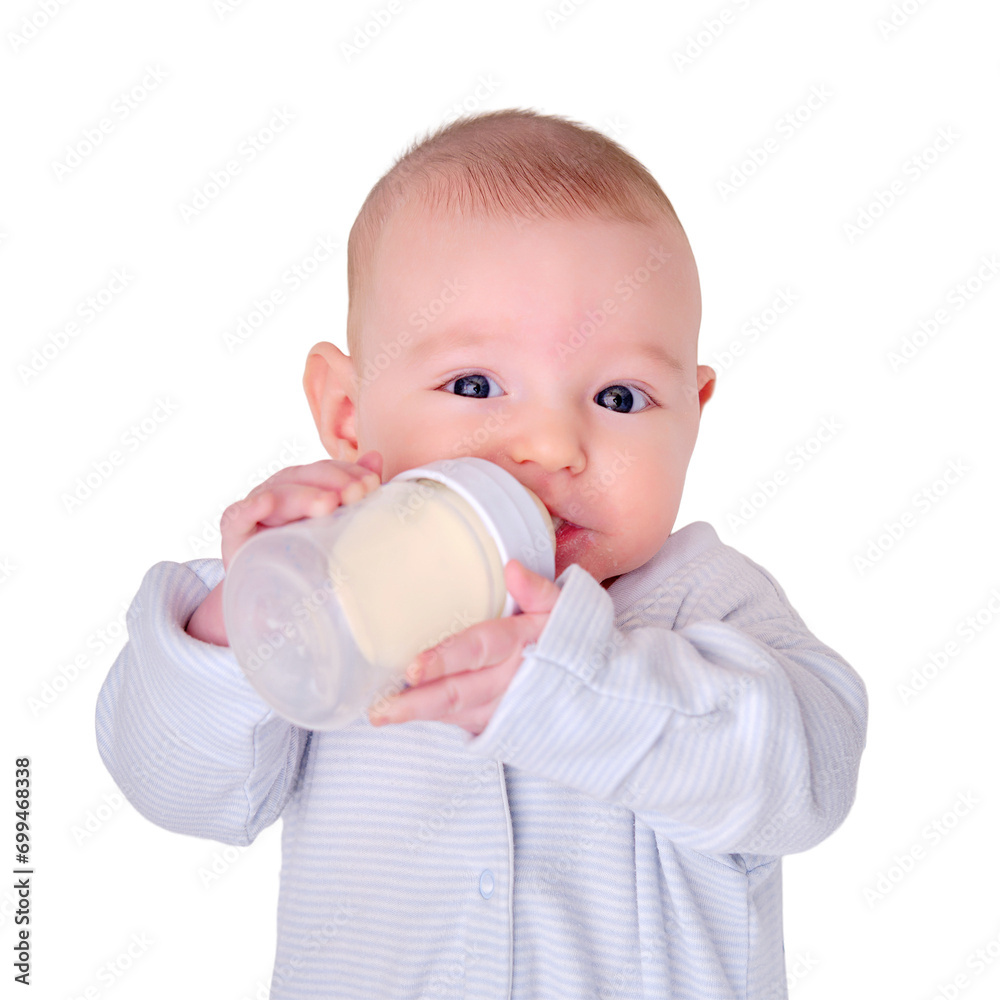 Happy baby is smiling on her own holding a bottle of milk in her hands, isolated on a white background. Three month old child keeps the mixture himself lying in bed Happy baby is smiling on her own holding a bottle of milk in her hands, isolated on a white background. Three month old child keeps the mixture himself lying in bed
