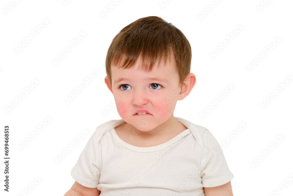 Offended baby looks pursed lips, studio, isolated on white background. Sad child with the emotion of resentment on his face. Kid about two years old (one year nine months) Offended baby looks pursed lips, studio, isolated on white background. Sad child with the emotion of resentment on his face. Kid about two years old (one year nine months)